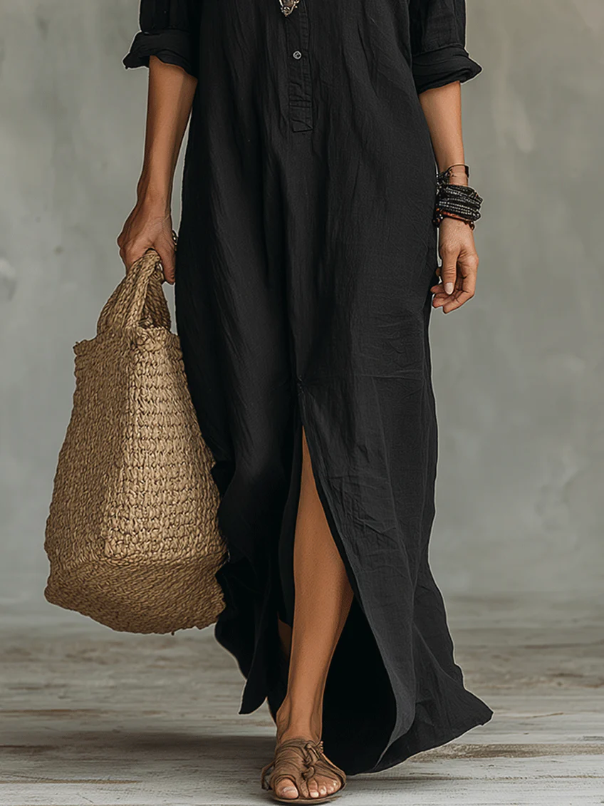 Soline™ | Robe longue ample noire boutonnée
