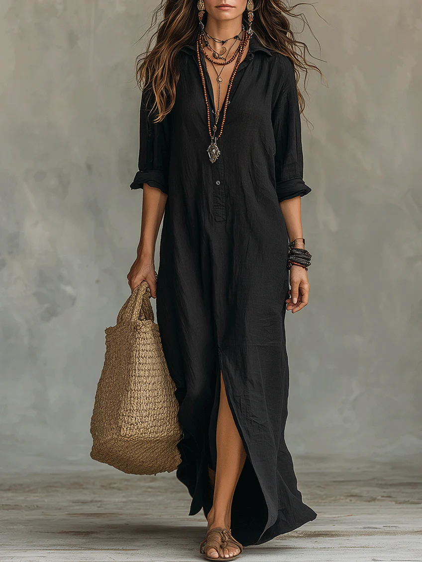 Soline™ | Vestido maxi negro holgado con botones