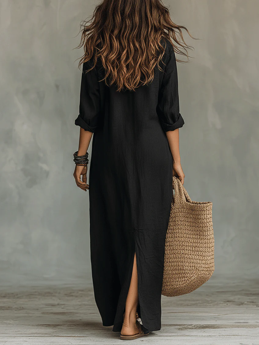 Soline™ | Robe longue ample noire boutonnée