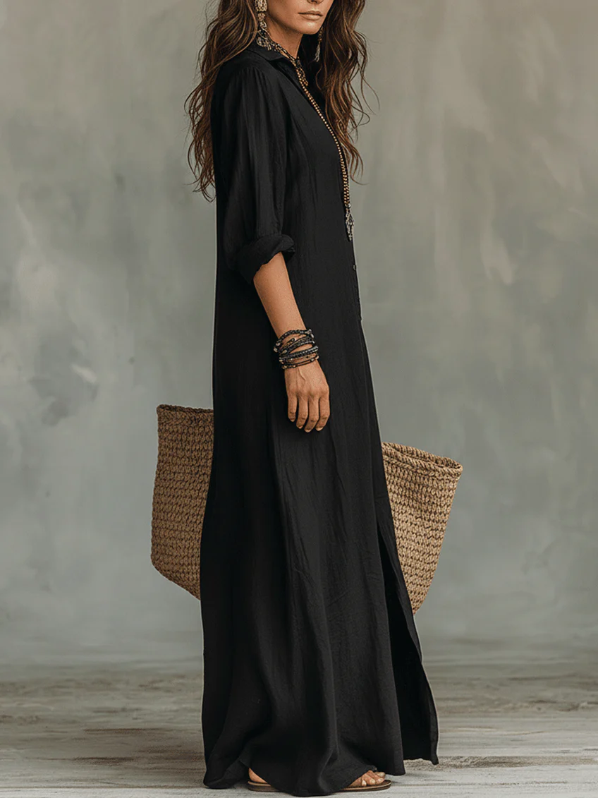 Soline™ | Robe longue ample noire boutonnée