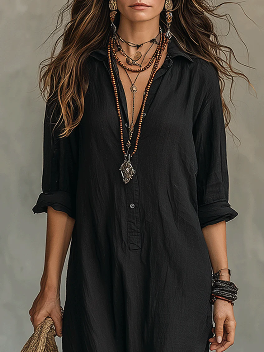 Soline™ | Vestido maxi negro holgado con botones