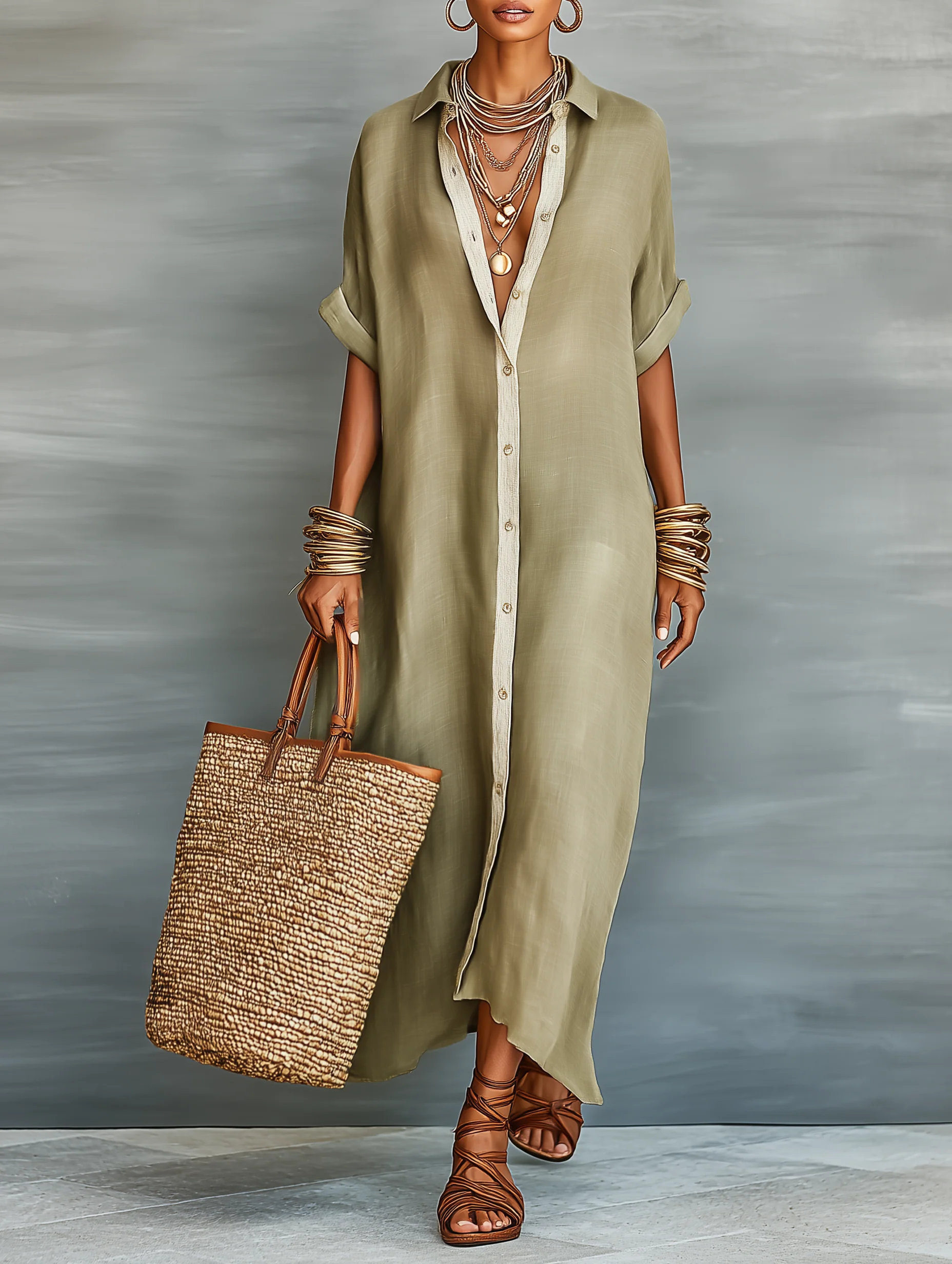 Manelle™ | Vestido maxi verde oliva con línea minimalista