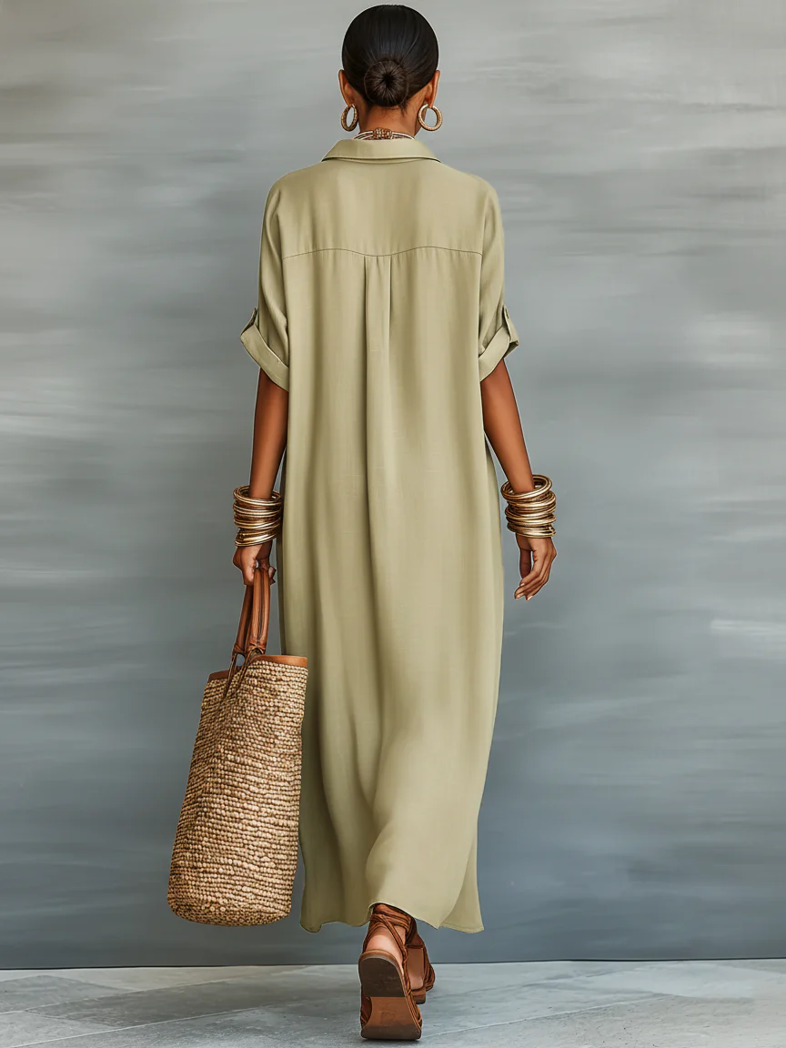 Manelle™ | Vestido maxi verde oliva con línea minimalista