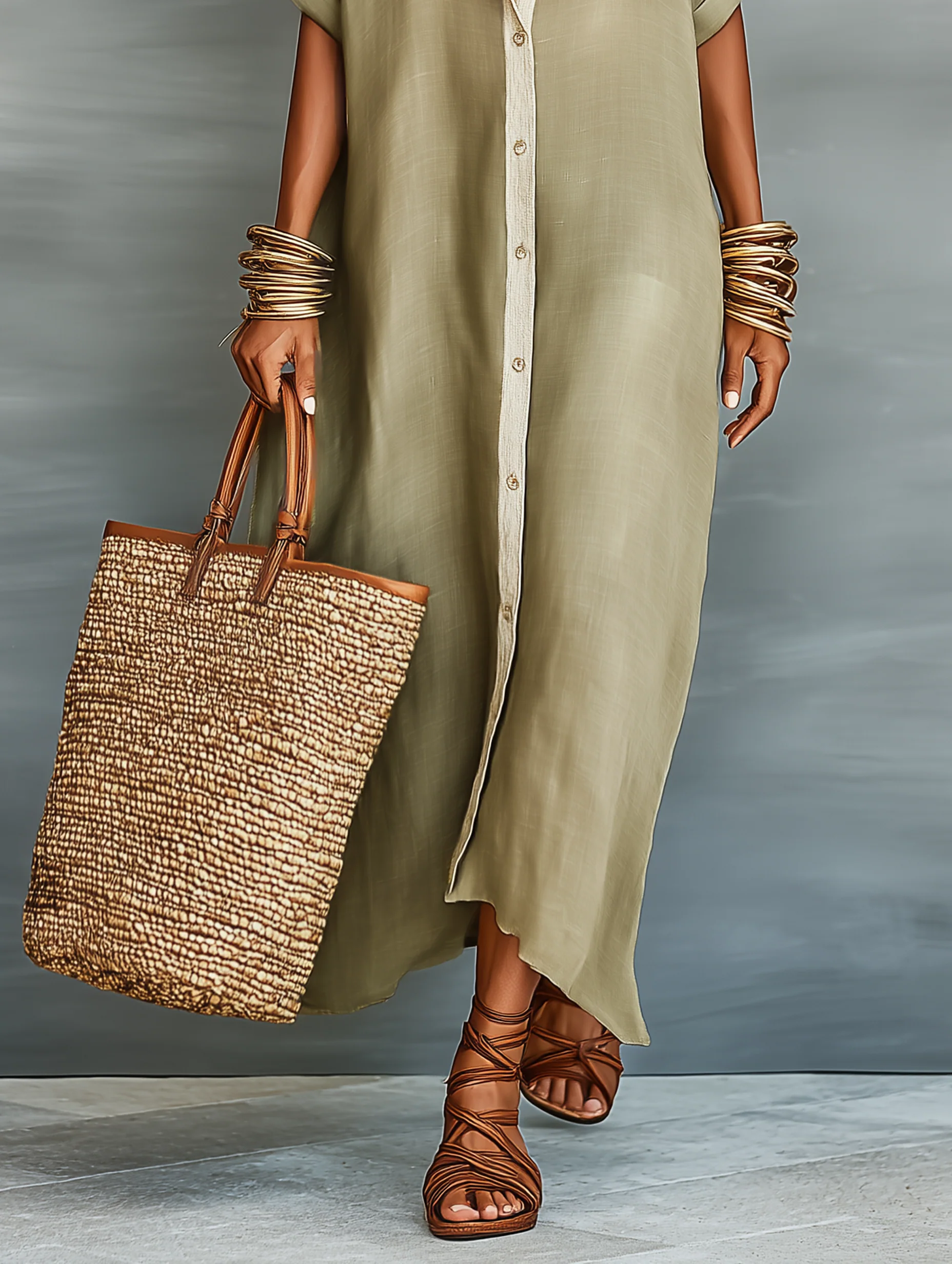 Manelle™ | Vestido maxi verde oliva con línea minimalista