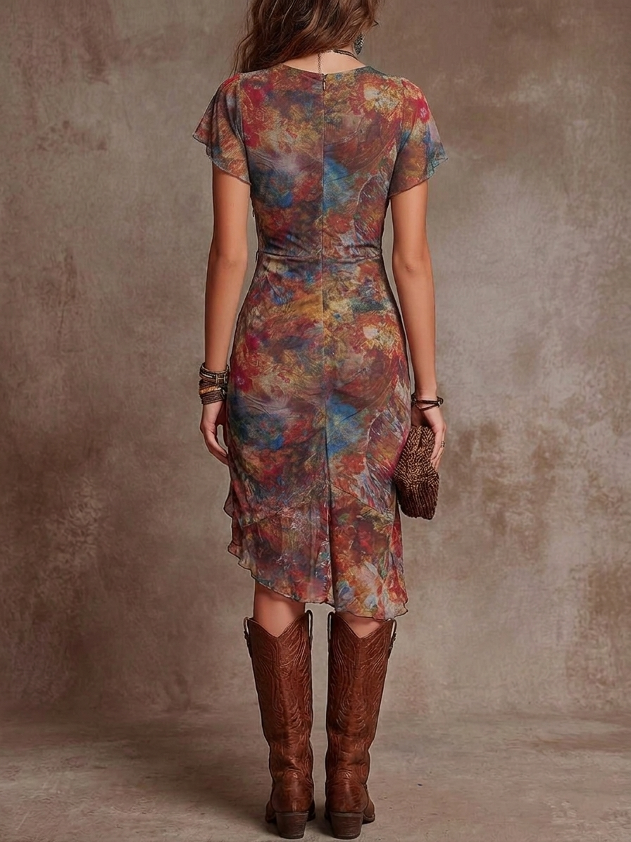 Lydia | Robe midi bohème plissée avec décolleté en V