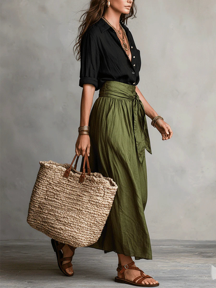 Vera™ | Ensemble deux pièces : t-shirt noir et jupe midi vert olive