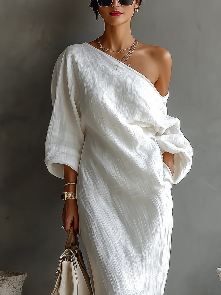 Elise™ | Élégante robe longue asymétrique blanche