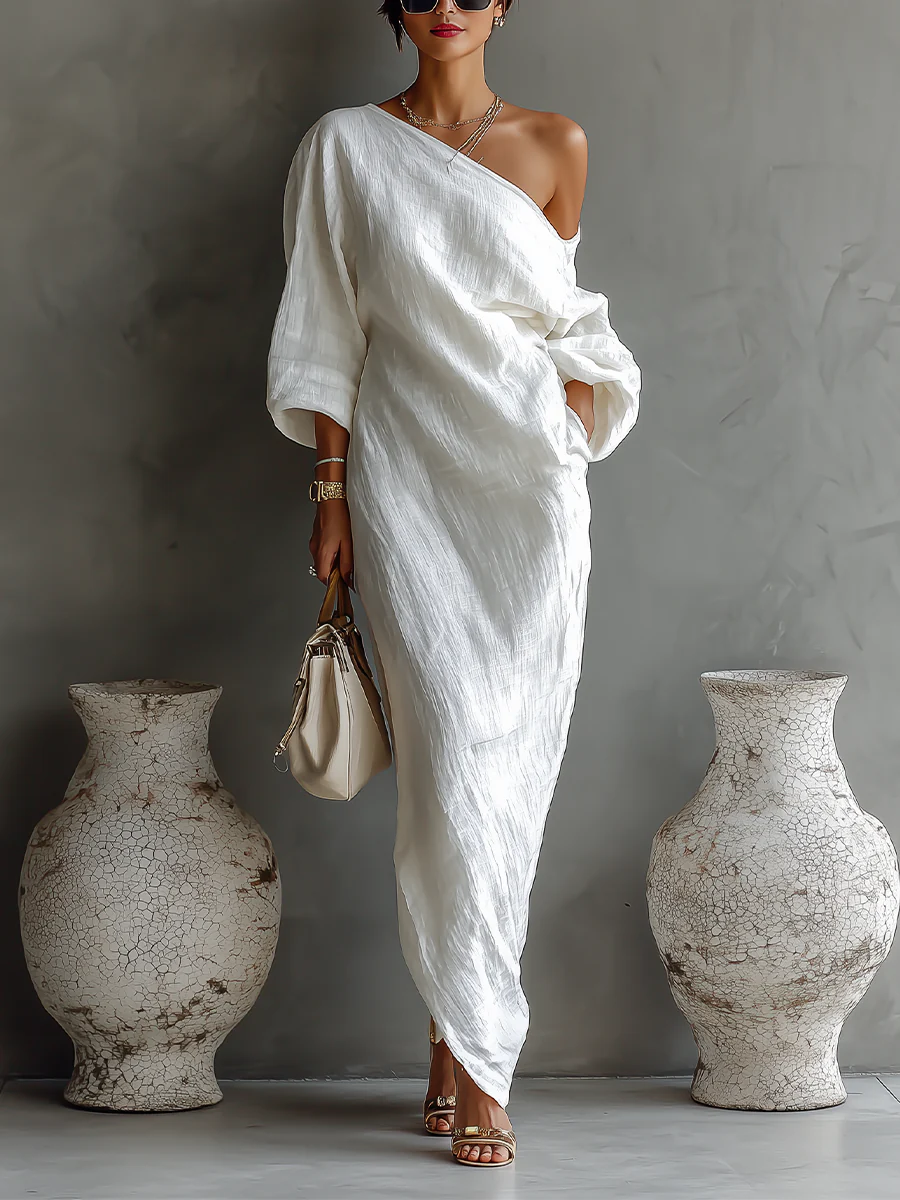 Elise™ | Élégante robe longue asymétrique blanche