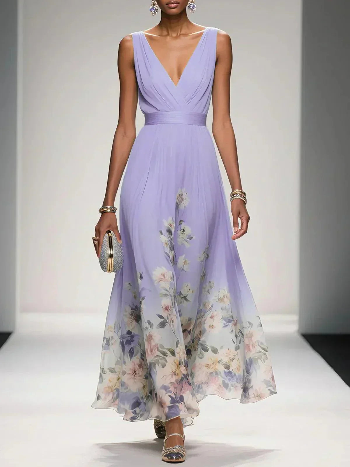 Elsa | Robe longue en mousseline de soie bleu clair à col en V