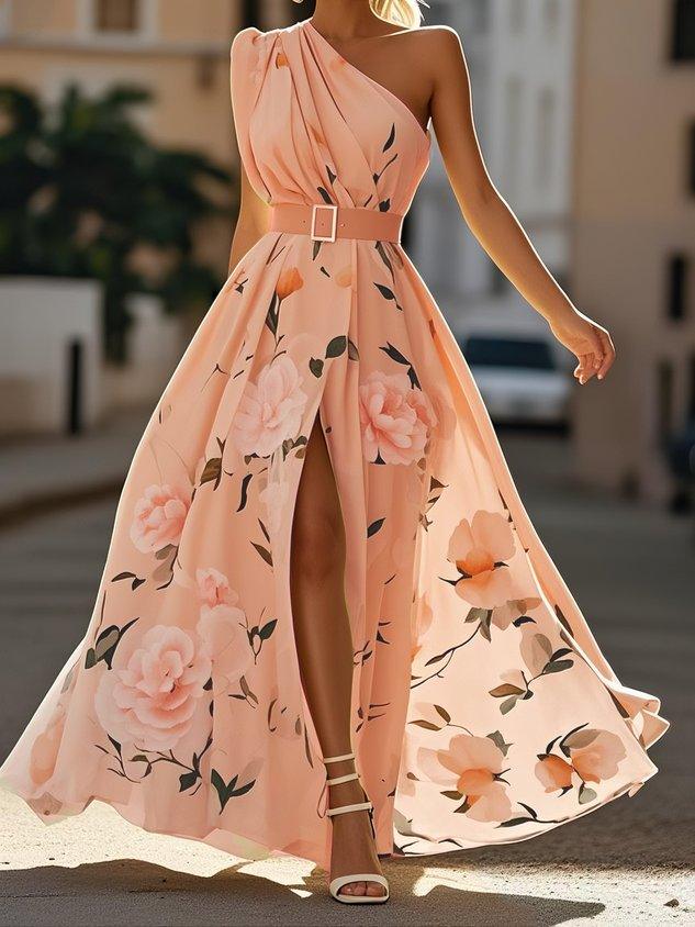 Anna | Robe longue florale vert clair à une épaule