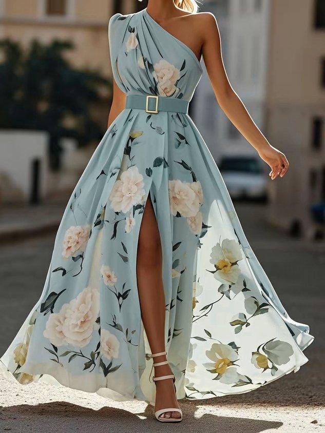 Anna | Robe longue florale vert clair à une épaule