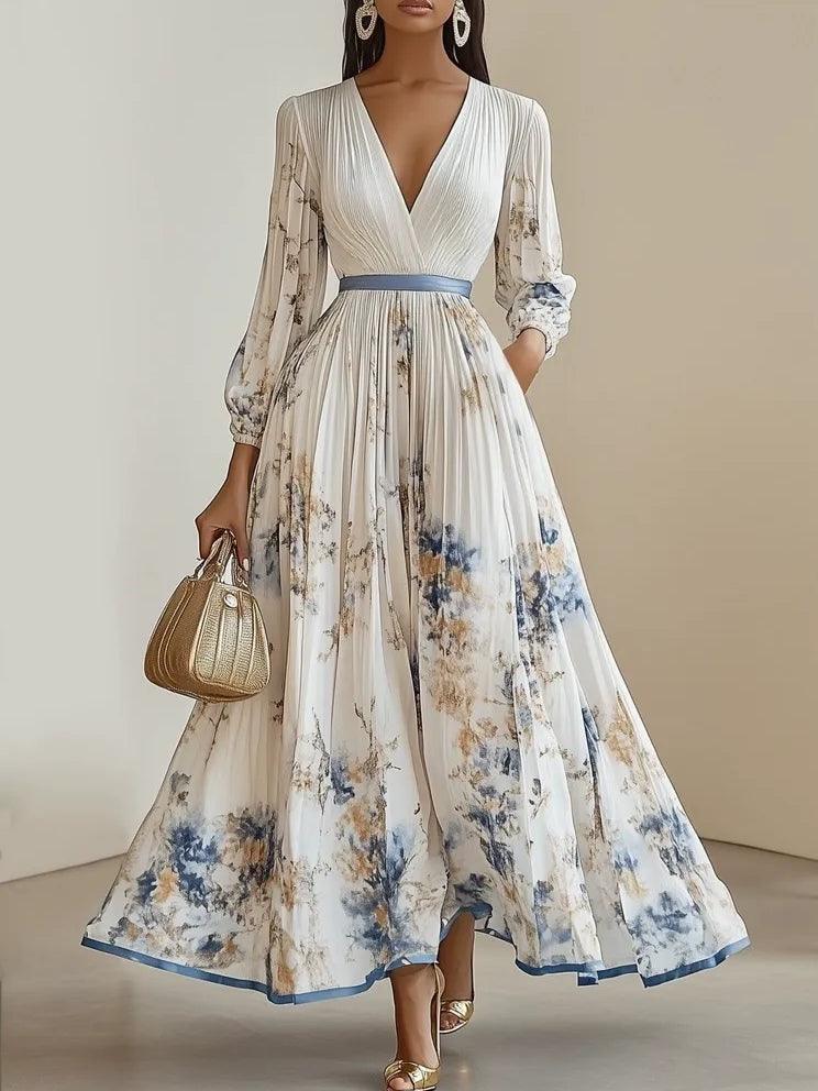 Monika | Vestido maxi blanco con flores de chiffon y mangas abullonadas
