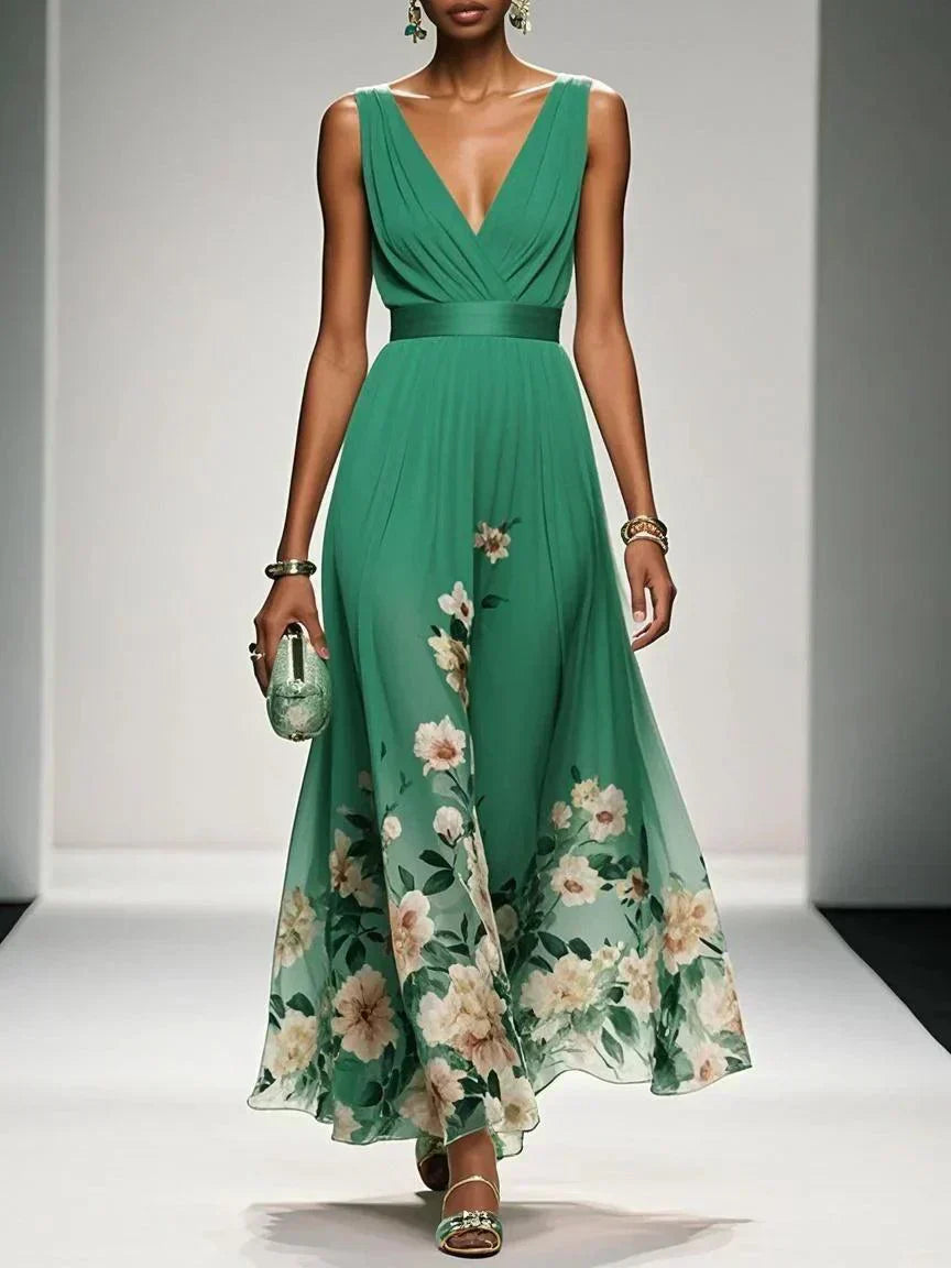 Elsa | Robe longue en mousseline de soie bleu clair à col en V