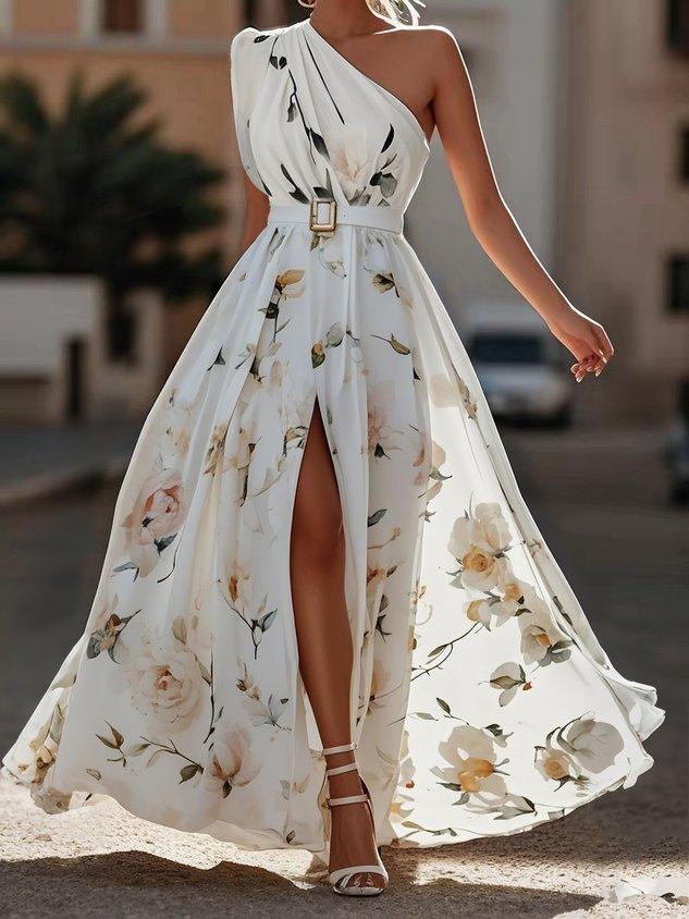 Anna | Robe longue florale vert clair à une épaule