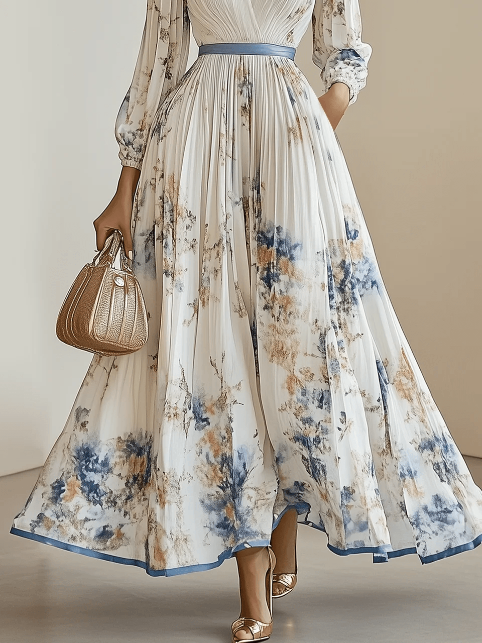 Monika | Vestido maxi blanco con flores de chiffon y mangas abullonadas