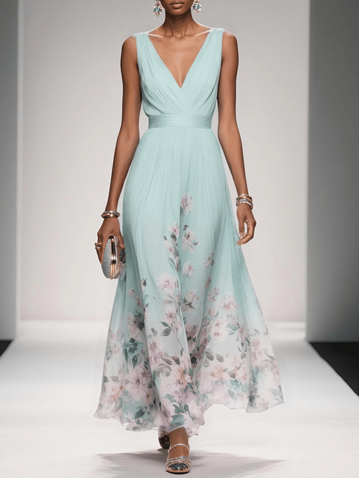 Elsa | Robe longue en mousseline de soie bleu clair à col en V