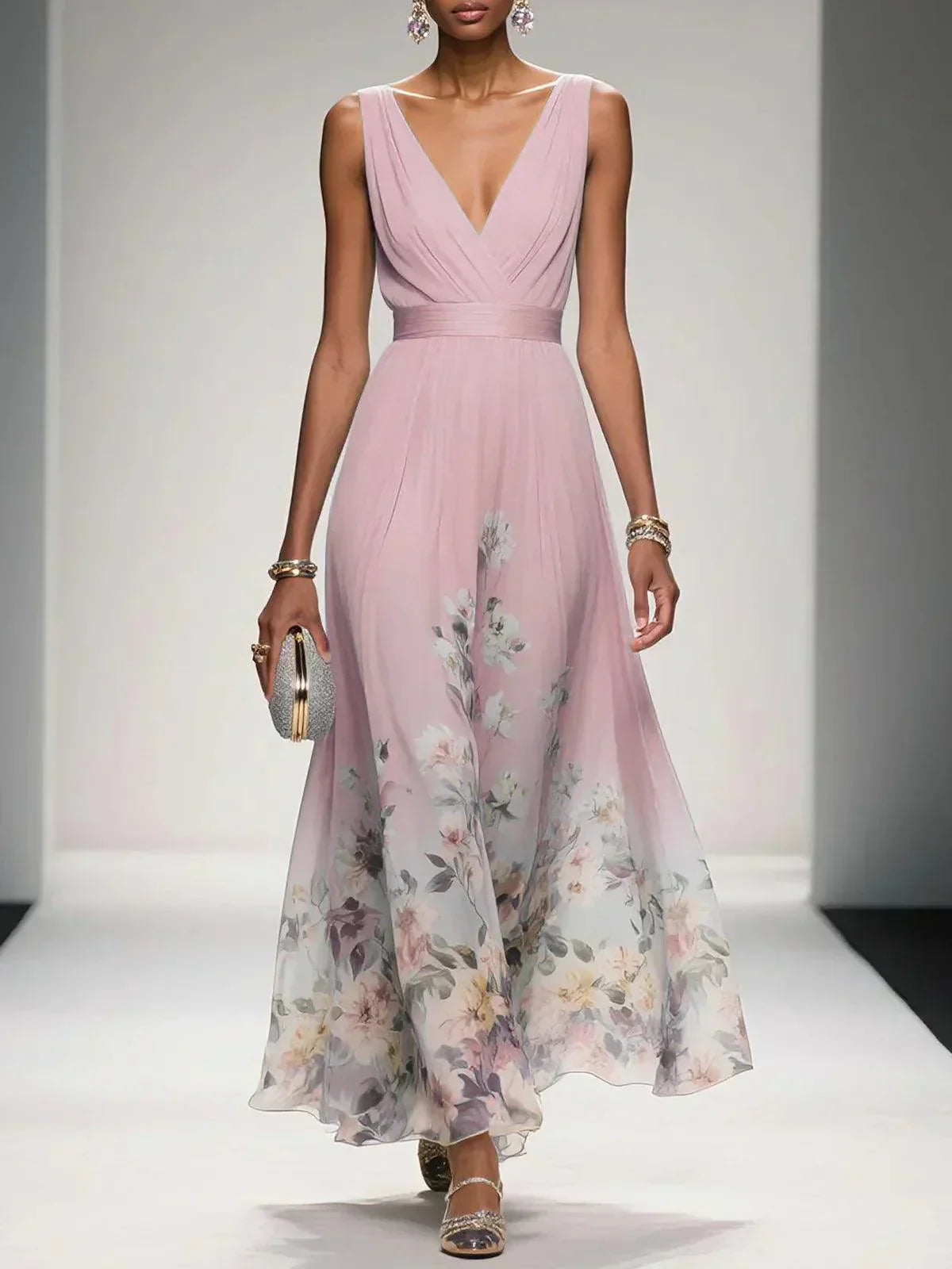 Elsa | Robe longue en mousseline de soie bleu clair à col en V