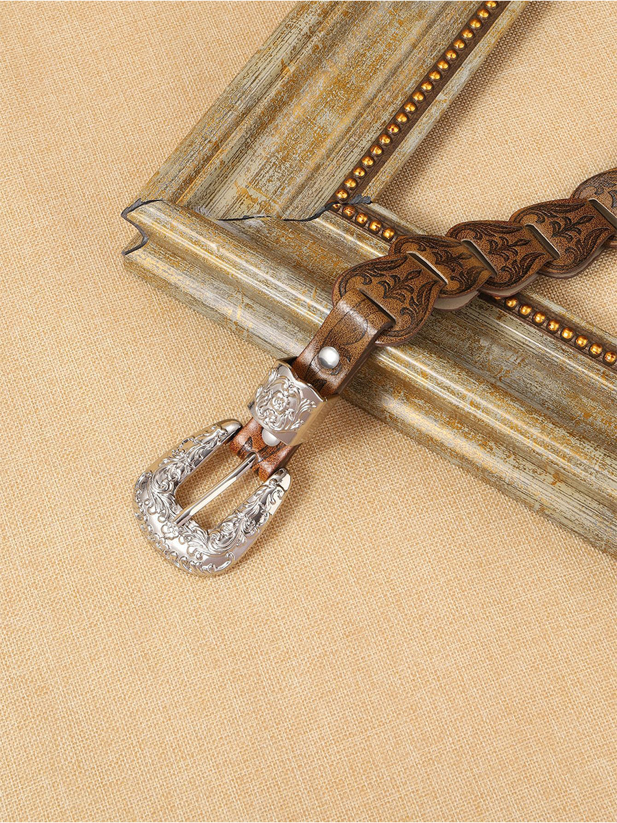 Cinturón de Cintura de Mujer Estilo Western Elegante con Relieve Floral en Cuero Sintético