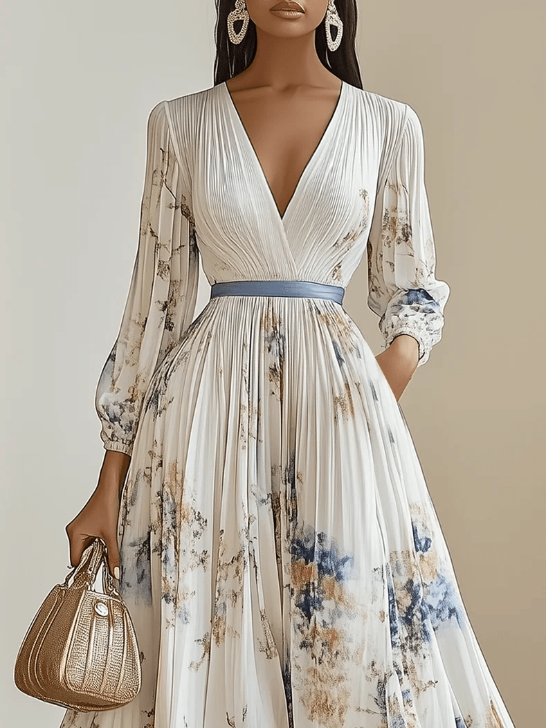 Monika | Vestido maxi blanco con flores de chiffon y mangas abullonadas
