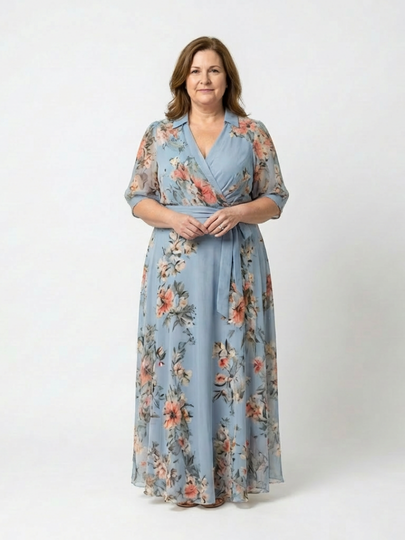 Robe longue portefeuille à col en V fleuri Camille