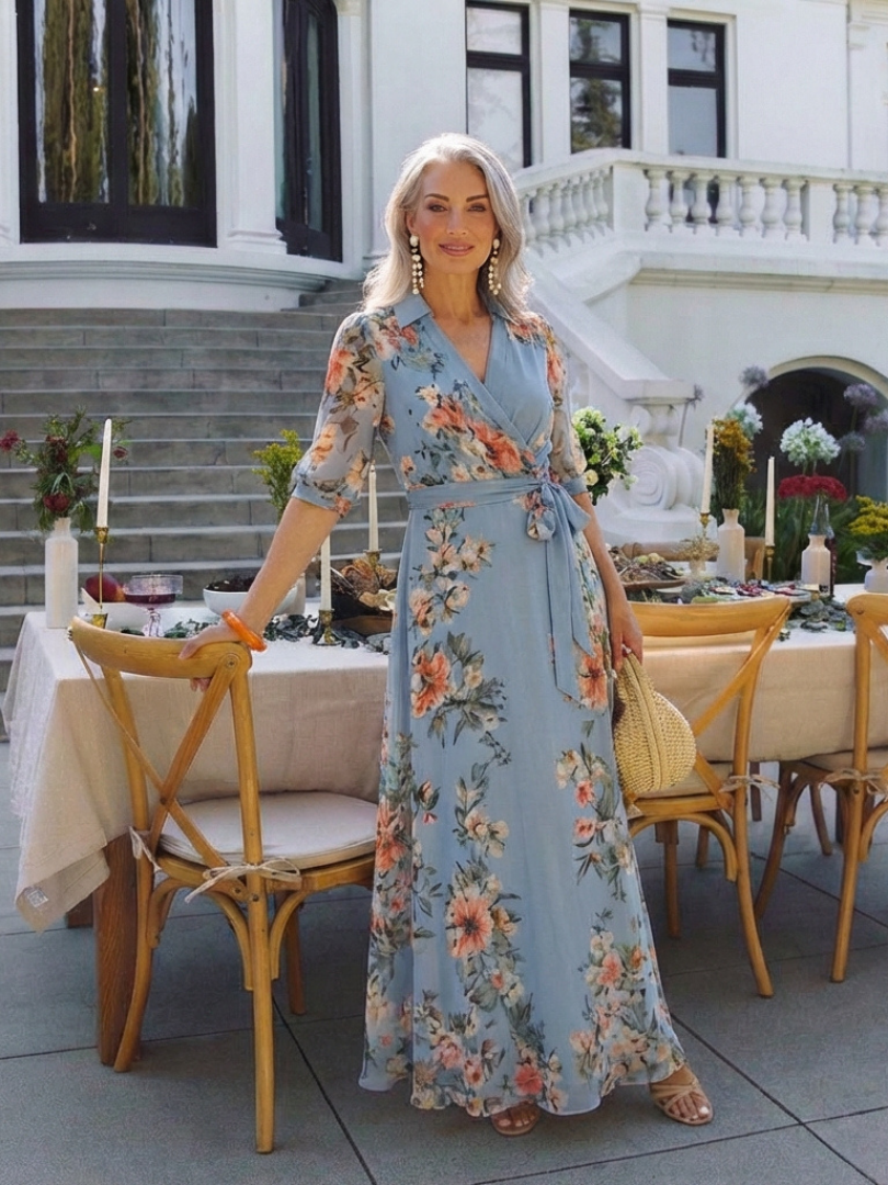 Robe longue portefeuille à col en V fleuri Camille